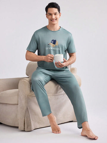 Men Summer Letter Print Hat, Round Neck Short Sleeve T-Shirt And Pants Pajama Set