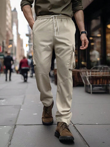 Men Drawstring Waist Cargo Pants With Pockets For Casual And Loose Fit