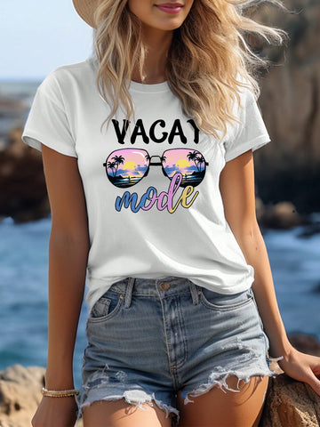 Summer Holiday Sunglasses & Letter Print Short Sleeve Round Neck T-Shirt