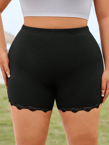 Women Plus Size Knitted Splicing Lace Edge Tight Short Underwear For Summer Casual Daily Wear And Exercise