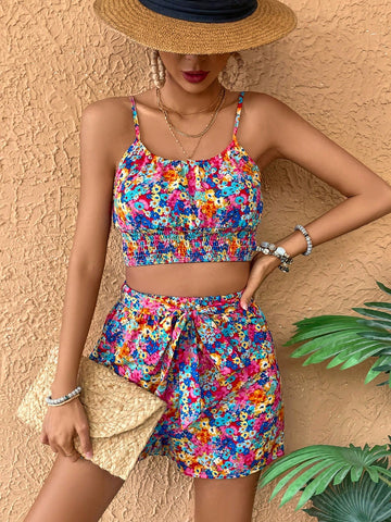 Women Random Color Printed Tank Top And Shorts Two Piece Set Short Sets Summer