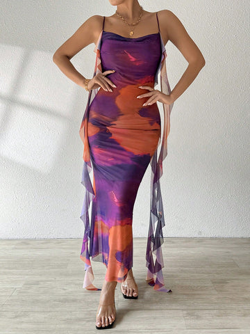 Women Fashion Tie-Dye Printed Spaghetti Strap Dress