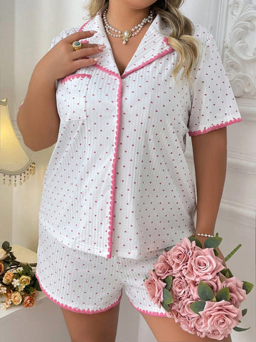 Contrast Color Thin Trim Heart Print Pocket Design Plus Size Pajamas Set