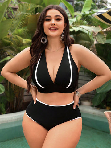Summer Beach Plus Size Separated Swimming Suit Black Two Piece Set