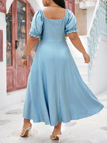 Plus Size Textured Embroidered Fabric Chest Pleats Bubble Sleeves Summer Dress
