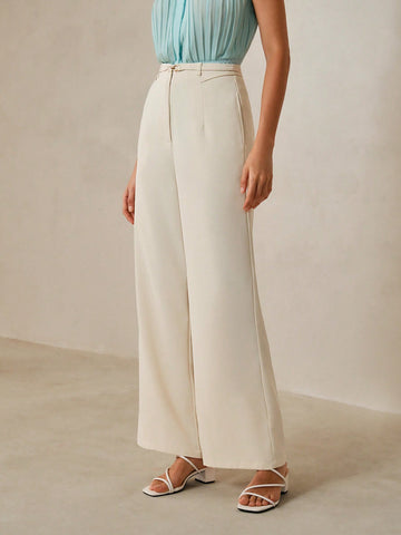 Women Solid Color Wide-Leg Pants With Zipper And Lapel Collar
