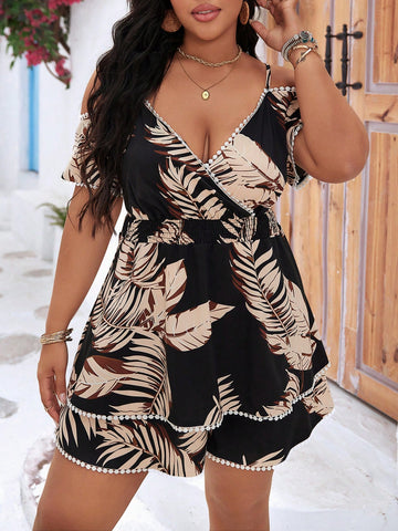 Plus Size Off-Shoulder Waist-Wrap Jumpsuit For Resort-Style Spring/Summer Outfit