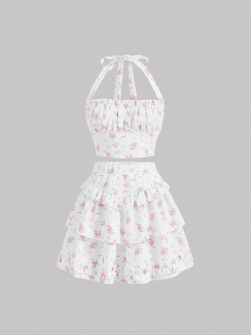 Summer Floral Halter Crop Top And Tiered Cake Style Mini Skirt Outfits