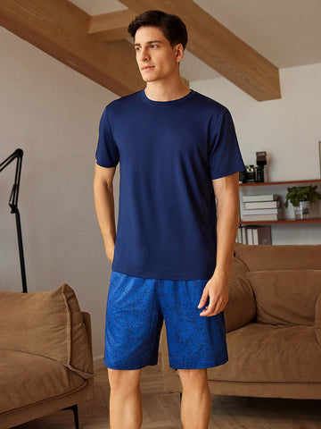 Men Simple Solid Color Round Neck Short Sleeve And Shorts Home Clothing Set