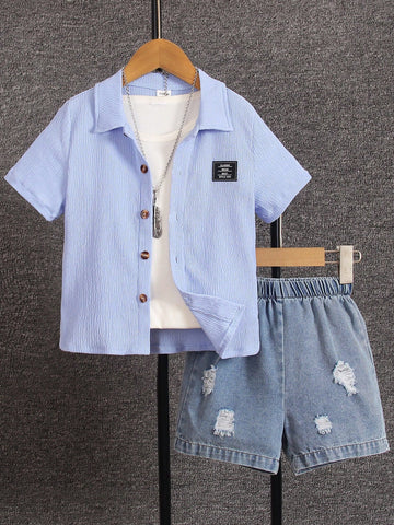 Young Boy Casual Letter Patched Short Sleeve Shirt And Ripped Denim Shorts Outfit