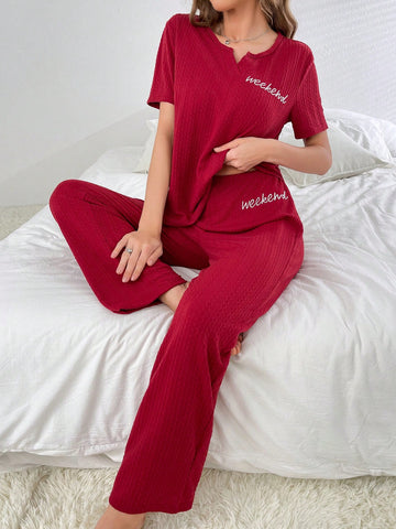 Ladies Home Wear Set With Alphabet Embroidery, Notched V Neckline