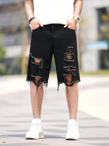 Men Casual Spring/Summer Frayed Hole Design Straight Leg Denim Shorts