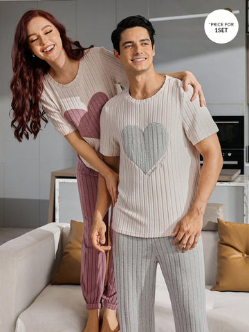 Men's Color Block Love Heart And Letter Embroidery Short Sleeve Long Pants Home Wear Set