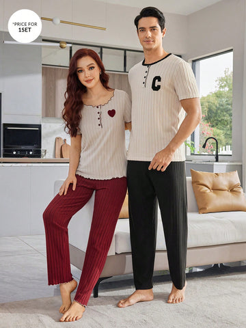 Men's Homewear Set With Decorative Button Placket And C-Letter Embroidery