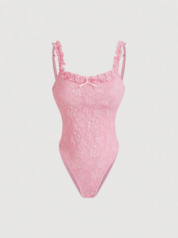 Sweet Lace Trimmed Slim Fit Bodysuit With Ear Decoration