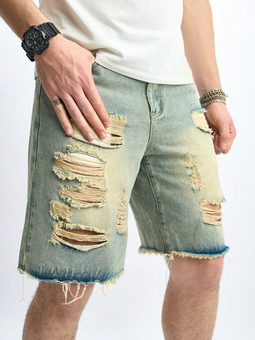 Men Pocketed Shredded Hem Denim Shorts For Casual Outfits