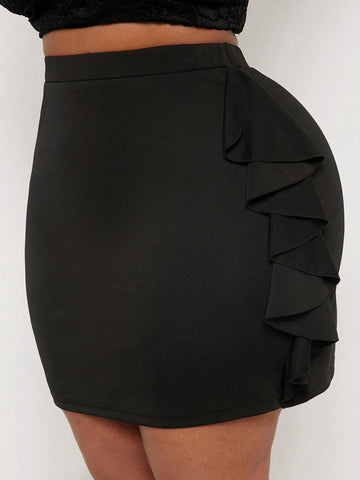 Plus Size Black Ruffle Hem Skirt