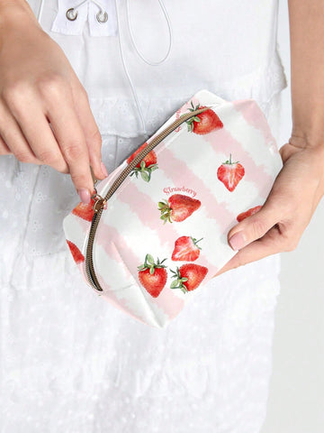 Cartoon Summer Strawberry Print Large Capacity Cosmetic Bag With Inner Lining And Handle, Style 210342