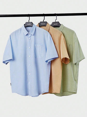 Men Summer 3-Piece Woven Casual Loose Fitting Plaid Short Sleeve Shirt