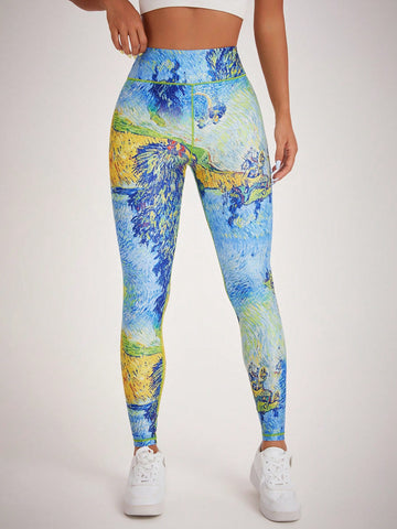 High Waist Digital Oil Painting Printed Fitness Leggings Suitable For Yoga And Workout, With Random Prints And Butt Lifting Effect.