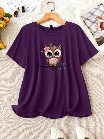 Plus Size Summer Casual Owl Printed Short Sleeve T-Shirt