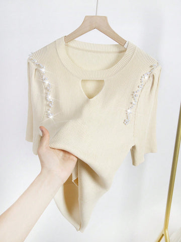 Plus Size Women Knitted Top With Simple Design And Round Neckline, Decorated With Studs.