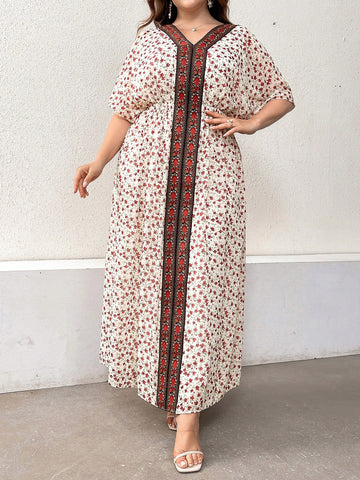 Plus Size Women Bohemian Style Floral Print Splice Weaved Belt V-Neck Batwing Sleeve Loose Long Dress
