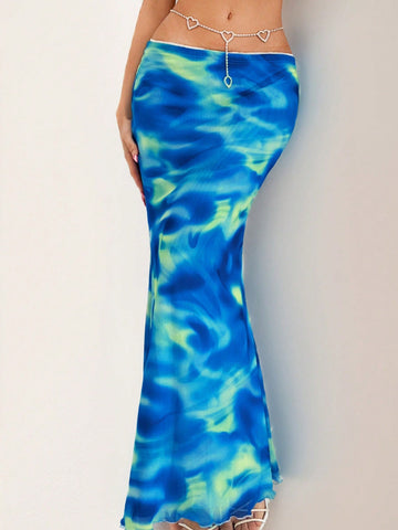 Y2k Summer Women Beach Outfits Hawaiian Sheer Mesh Colorful Tie Dye Print Low-Waist  Mermaid Long Skirt