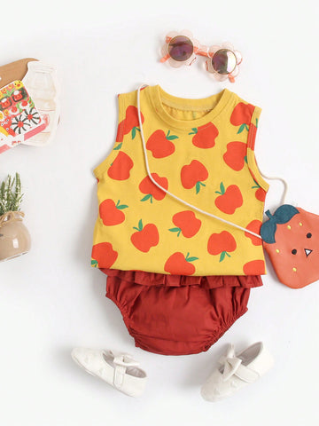 2pcs Infant Girls' Casual Cute Fruit Print Sleeveless Vest & Triangle Shorts Set For Summer