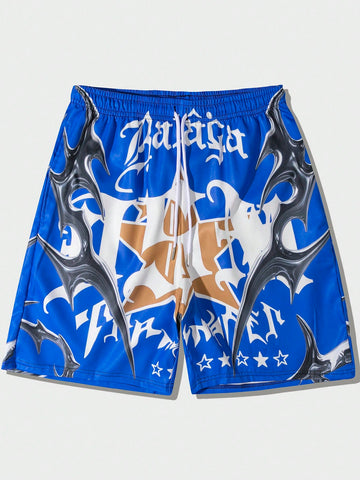 Men Five-Pointed Star Slogan Print Woven Shorts, Suitable For Daily Wear In Spring And Summer