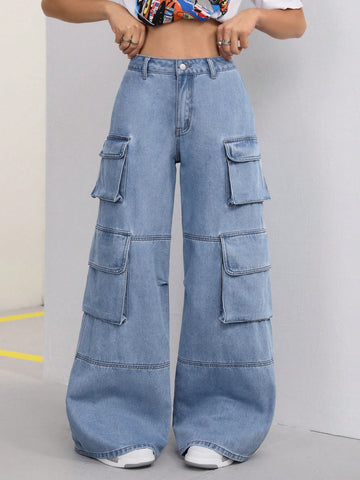 Solid Color Workwear Wide Leg Jeans With Pockets And Buttons.