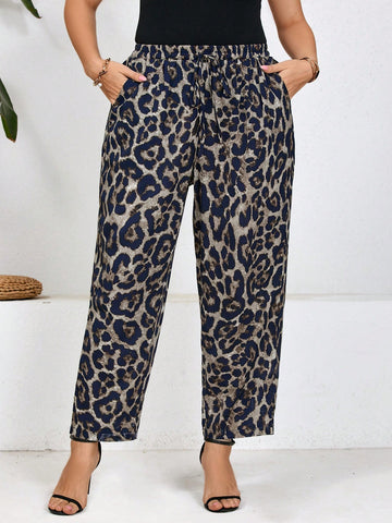 Plus Size Leopard Print Drawstring Waist Tied Slant Pocket Casual Tapered Pants