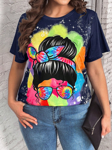 Plus Size Tie Dye Portrait Print Round Neck Loose Summer Casual T-Shirt