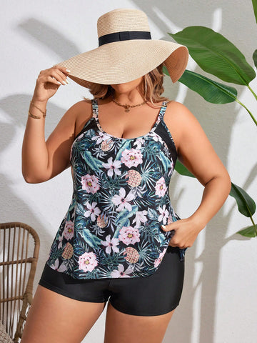 Plus Size Tropical Print Patchwork Wireless Tankini Swimsuit Set For Summer Beach Vacation