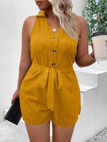 Plus Size Summer Casual Solid Color Sleeveless Jumpsuit