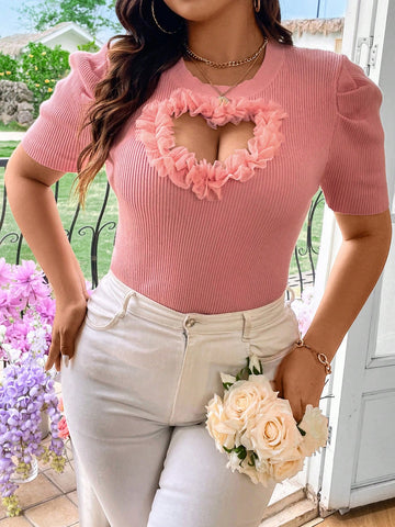 Plus Size Women Summer Knitted Top With Mushroom Edges, Heart Cut-Outs, And Short Puffy Sleeves