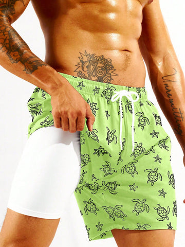 Men Turtle Print Drawstring Waist Beach Shorts