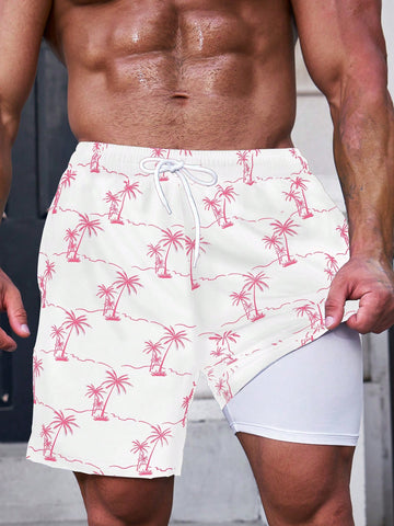 Men Coconut Tree Print Drawstring Beach Shorts For Holiday And Casual Wear