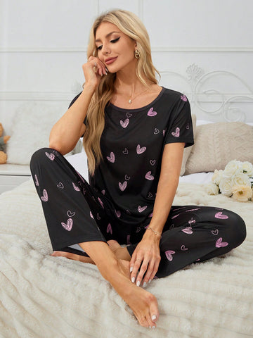 Plus-Size Heart Pattern Round Neck Women Pajama Set