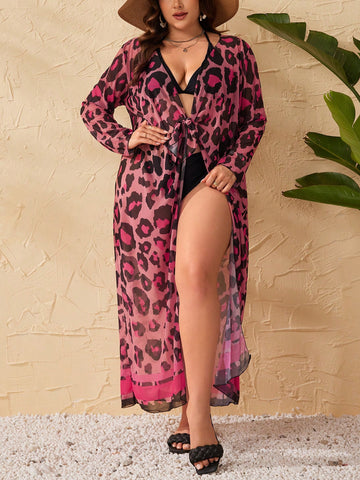 Plus Size Leopard Printed Tie-Front Holiday Fashion Cover-Up