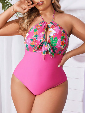 Plus Size Tropical Print Patchwork Hollow Out Monokini With Slimming Halter Neck Tie For Beach Vacation In Summer