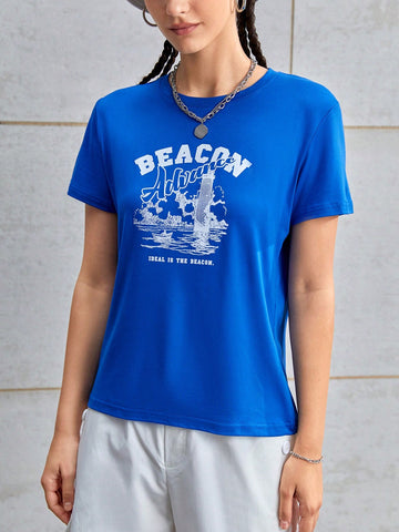 Women Summer Casual Letter Print Round Neck Short Sleeve Sports T-Shirt