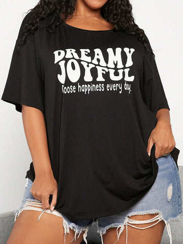Plus-Size Women's Round Neck Oversized T-Shirt With Slogan Print