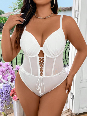 Plus Size Solid Color Mesh Splicing Tie-Up Everyday Spring/Summer Jumpsuit Top