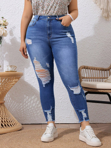 Plus Fashionable Ripped & Distressed Slim Fit Jeans