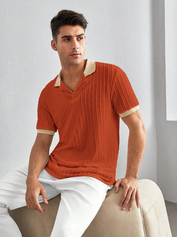 Men's Knitted Color-Block Turn-Down Collar Simple Casual Summer Short Sleeve Polo Shirt