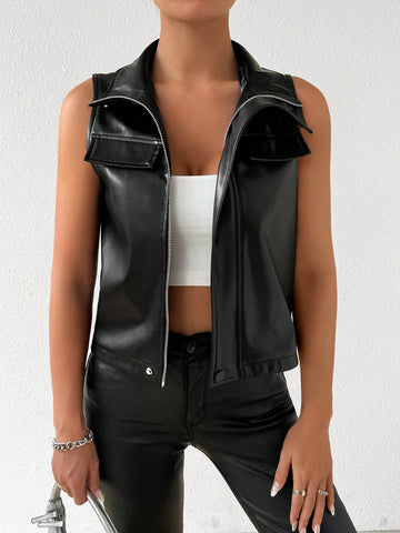 Women Spring And Autumn Zipper Front Faux Pocket Street Style PU Leather Sleeveless Jacket