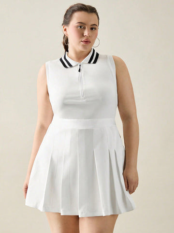 Plus Size Women Summer Striped Zipper Half-Buttoned Sleeveless Pleated Hem School Style Dress