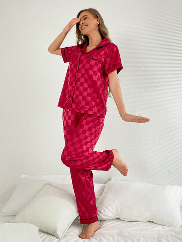 Women Checkerboard Seersucker Short Sleeve Shirt And Pants Pajama Set With Single-Breasted Button