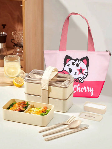 Fashionable Cartoon Cat & Rabbit Design Lunch Bag With Aluminum Foil Insulated Inner Layer